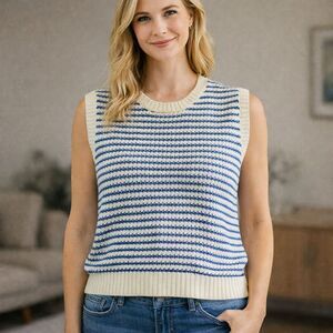 Knit Mix Boxy Short Sleeve Sweater Blue Cream Striped Sz M Nautical Coastal NWT